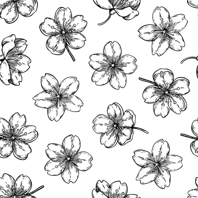 Sakura flowers pattern. Cherry blossom background. Blooming flower sketches. Floral seamless design. Hand-drawn vector illustration. NOT AI genereted